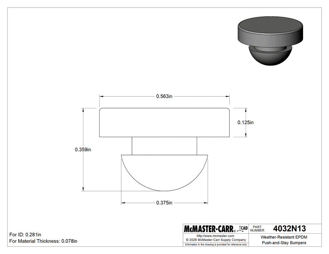 Technical Drawing of Weather-Resistant EPDM Push-and-Stay Bumpers, for 9/32" ID, 3/8" Ridge Diameter, 9/16" OD.